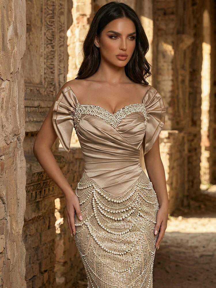 Glamrae Elegant Luxurious Beaded, Sequin, Bubble, Diamond Embellished Sexy Mermaid Hem Dress With Organza Chiffon Ruched Fabric, Suitable For Weddings, Events, Parties, Vacations, Galas, Formal Occasions (Heavy Embellishment) - Champagne - View 2