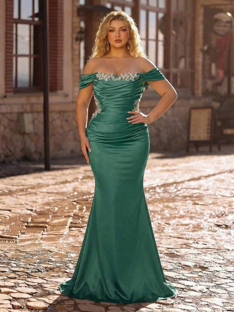 Plus Size Elegant Luxurious Yellow Sequin Patchwork Mesh Off-Shoulder Flare Sleeve Fitted A-Line Hem Dress, Suitable For Evening Party, Singles Party, Date, Ball, Holiday, Wedding Guest Off Shoulder Formal Dress Green Bridesmaid Dress Luxury Evening Gown Off Shoulder Dress Women Evening Dress Party Dress Plus Size Evening Dresses Plus Size Evening Gowns Luxury Dresses For Women Plus Size Gown Elegant Glamorous - Yellow - View 8