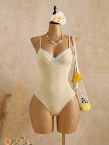 Bellisia 26SS 女士春夏连体泳衣，清新甜美蝴蝶结蕾丝饰边，适合海滩、度假、下午茶、野餐，带可拆卸衬垫，提供上托支撑。 - 淡黃色 - 查看 5