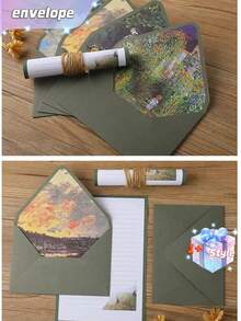SHEIN 16 Green Set Of Oil Painting Envelopes Containing 6 Envelopes And 10 Pieces Of Writing Stationery For Making Invitations And Greeting Cards Gift Greeting Cards Writing Letters New Year's Gifts - Green - View 7