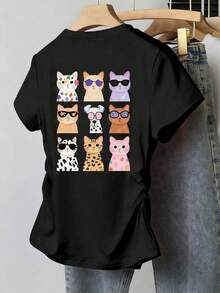 少女黑色可爱猫狗印花短款休闲T恤，高腰修身款 - 黑色 - 查看 2