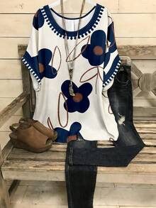 EMERY ROSE Plus Size Floral Print Batwing Sleeve Casual Shirt - Multicolor - View 1