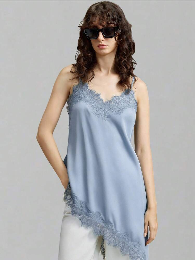 Stylish Blue Woven Fabric Cami For Women Featuring Spaghetti Straps And Eye-Catching Lace Trim All-Season Versatile Modern Urban Fashion Business Casual Women's Wear Office Attire Understated Old-Money Style, Elegant And Sophisticated, High-Quality Commuter And Airport Women's Wear Bohemian Style Vacation Outfits Seaside Women's Clothing, Country Music Concert Style, Western Style Clothing, Nomadic Casual Fashion Boho