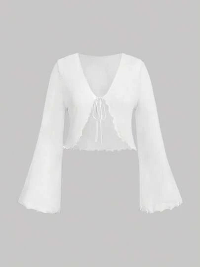 SHEIN MOD 加大码 V 领喇叭袖系蝴蝶结衬衫喇叭袖上衣白色衬衫白色