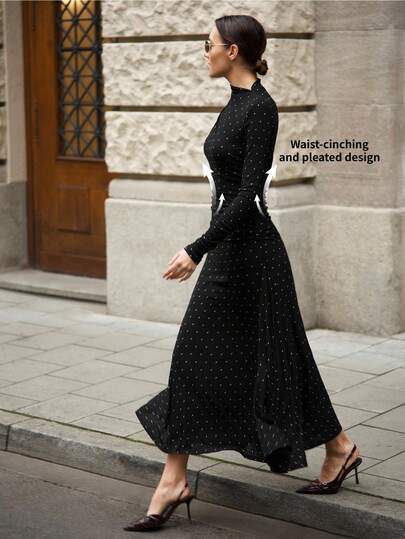 Ontre 2026SS Women's Black Base White Polka Dot Contrast Color Comfortable Skin-Friendly High-Stretch Fabric Asymmetric Design Ruched Collar Decor Waist Ruched Flattering A-Line Silhouette Maxi Skirt Modern Urban Casual Business Office Wear Low-Key Vintage Elegant Quality Commuter Airport Fashion Lovely Valentine's Day Dress