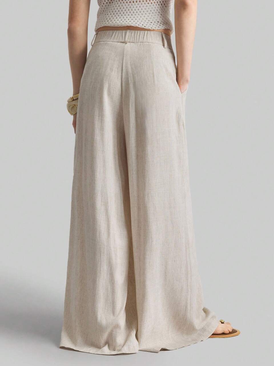 Beige Women's Wide Leg Pants,Summer Modest Vacation Casual Loose Pleated Waist Trousers With Pockets,Elegant Linen Blend Relaxed Fit Office Trousers