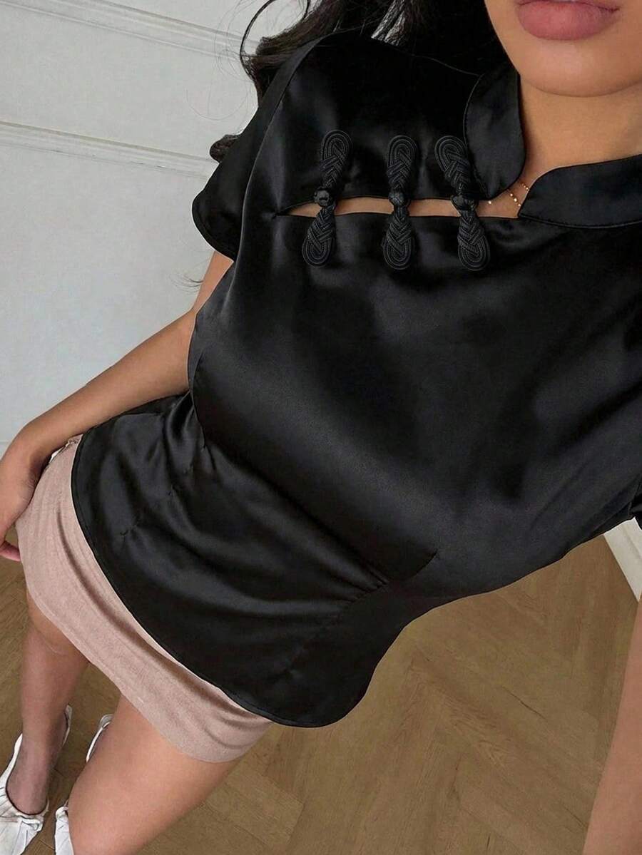 Aloruh Áo sơ mi satin cài cúc kiểu Trung Quốc mới, thanh lịch, thường ngày dành cho nữ. - màu đen - Xem 1