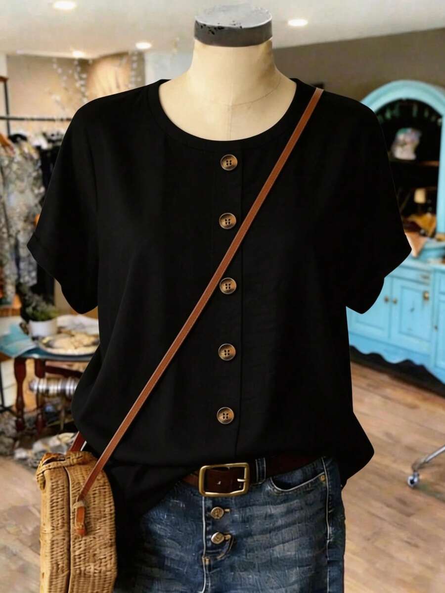 Linhara Plus Size Button Decor Round Neck Drop Shoulder Short Sleeve Casual Comfortable Linen Bohemian Style Shirt - Black - View 1