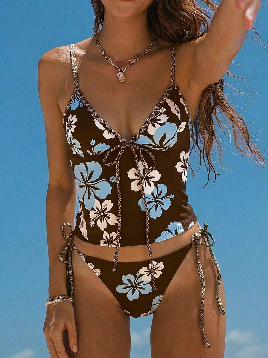 Swim Vcay Women's 2-Piece Swimsuit Set, V-Neck Floral Print Tankini With Tie Waist, Casual Beach Wear - Multicolor - View 1