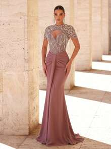 Glamrae Bộ đồ bơi sang trọng và tinh tế màu hồng sen đính hạt cườm, phối lưới, chất liệu dệt kim co giãn, kèm váy đuôi cá xếp ly và áo khoác, thích hợp cho đám cưới, tiệc tùng, kỳ nghỉ, dạ hội (thiết kế bền chắc). - Bụi hồng - Xem 6