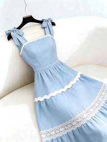 Elenzga Đầm nữ màu xanh dương và trắng phối họa tiết hoa, kiểu dáng mới cho kỳ nghỉ Xuân/Hè 2026. - Màu xanh nhạt - Xem 3
