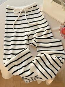 Comfortcana Plus Size Women Drawstring Waist Striped Casual Versatile Daily Wear Knit Pants - White - View 4
