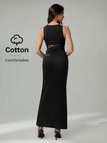 SHEIN Tall 女士黑色优雅蕾丝拼接真挚长裙，舒适弹力棉质面料，新年优雅女士派对礼服 - 黑色 - 查看 4