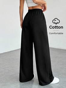 SHEIN PETITE Quần nỉ nữ ống rộng, màu trơn, thoải mái và giản dị. - màu đen - Xem 3