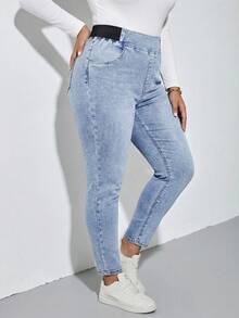 SHEIN Tall CURVE 大尺碼淺藍色夏季日常休閒女款高彈力牛仔褲，Y2K街頭風哥德頹廢風，適合生日、夜店、機場穿搭 - 中等水洗藍 - 查看 5