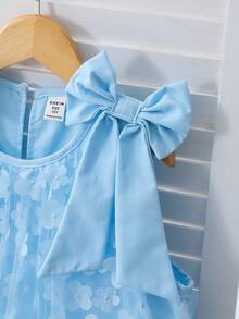 SHEIN Elegant Young Girls Blue Semi Sheer Sleeveless Short Dress Floral Patterned For Everyday Casual Wear - Blue - View 7