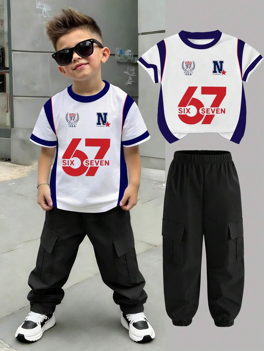 Bộ đồ 2 món cho bé trai, áo thun ngắn tay in hình hoạt hình graffiti + quần jogger cargo, phong cách đường phố hip hop, thoải mái, đa năng cho mọi mùa. - màu đen - Xem 1