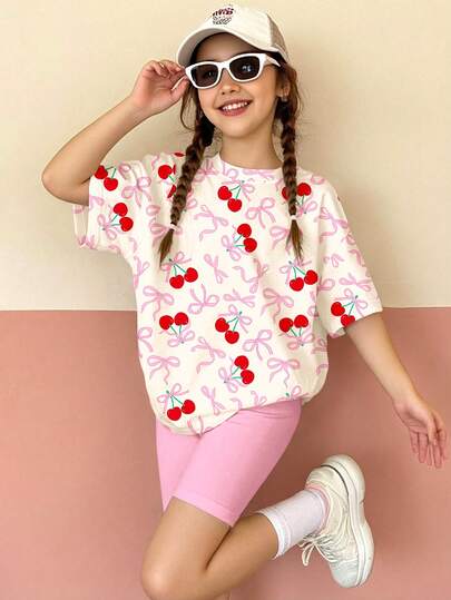 Cream White & Cream Pink, Sweet Girl Bow Print, Tween Girl Casual Minimalist Comfortable Round Neck Loose Short Sleeve T-Shirt And Tight Fitting Bike Shorts Set, Suitable For Daily Wear, Street Style, Outings, Home, Vacation, Homecoming, Back To School, Spring & Summer