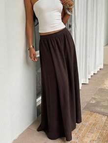 Firerie 女士收腰长裙，休闲度假亚麻质感半身裙，松紧腰设计，春夏百搭，优雅百搭，适合通勤、约会、工作、返校、波西米亚风、度假、海滩、舒适日常穿着，休闲百搭，也适合音乐节等场合。 - 咖啡棕 - 查看 2
