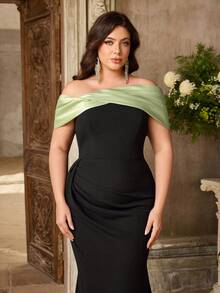 Aureia Plus Size Elegant Minimalist Off Shoulder Pleated Fitted Fishtail Hem Formal Gown For Wedding Party Formal - Multicolor - View 5