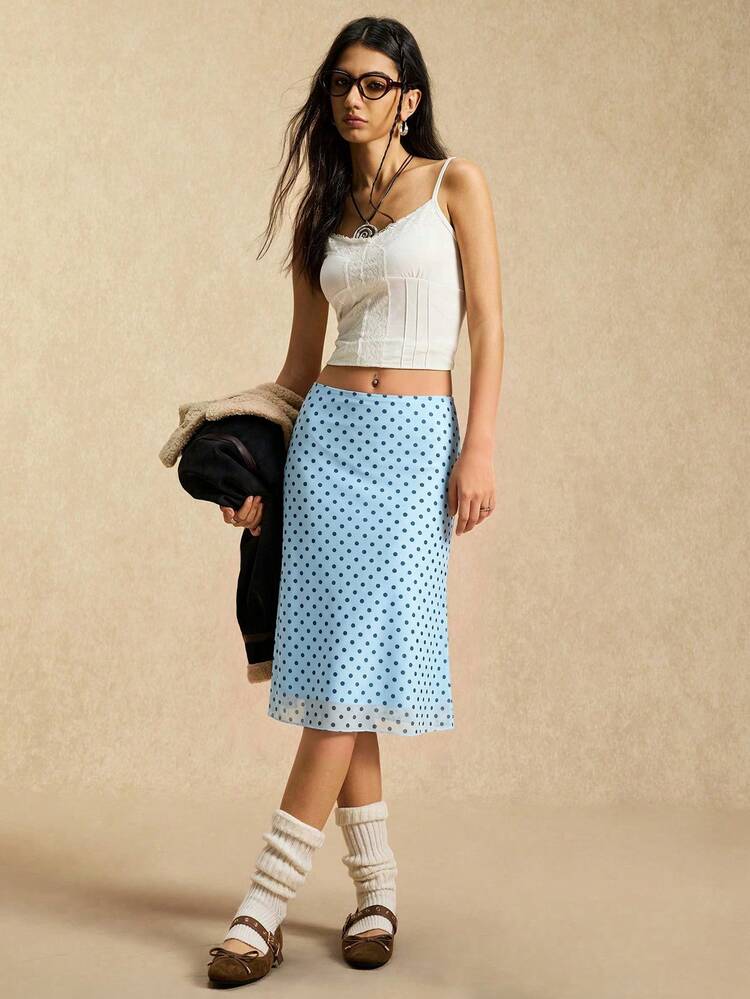 Easelle Chân váy lưới chấm bi Xuân/Hè 2026, lưới màu xanh dương, phong cách retro thường ngày. - Màu xanh lam - Xem 4