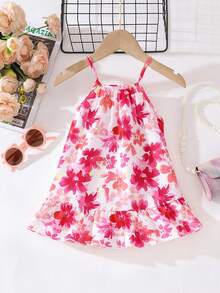 SHEIN Playful Pals 女婴无袖连衣裙，色彩鲜艳的花卉印花，清新亮丽，适合女婴夏季外出、日常穿着和海滩旅行。 - 彩色 - 查看 5