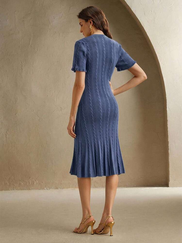 Elegant Solid Color Knitted Heavy-Weight Perforated Twist Rope Aran Cable Knit Long Sleeve Frill Trim Buttoned Mermaid Hem Dress For Women, Suitable For Autumn, Winter, Formal, Party, Fashionable Occasions Like New Year, Christmas, Work, Graduation, Wedding