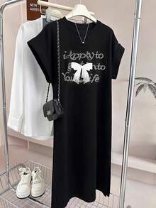 GlowEve Round Neck T-Shirt Dress For Women, Loose Casual Retro Fashionable Butterfly & Letter Print, Spring/Summer - Black - View 5