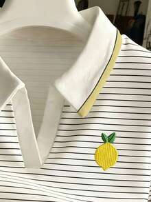 Resyla 女士休闲柠檬刺绣条纹百搭日常上衣 - 彩色 - 查看 3