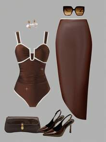 Swim Oasis Plus Size Solid Color One-Piece U-Neck Waist Ruched Matching Long Mesh Skirt Resort Set, Mature And Elegant - Multicolor - View 1