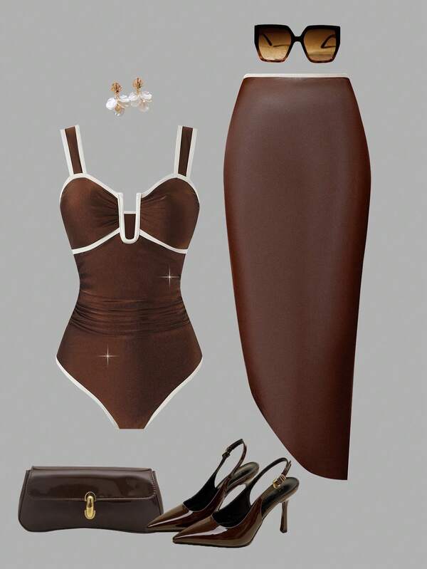 Swim Oasis Plus Size Solid Color One-Piece U-Neck Waist Ruched Matching Long Mesh Skirt Resort Set, Mature And Elegant