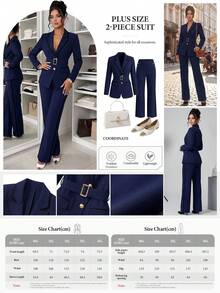 GlowEve CURVE 大码女式拼接优雅西装外套 + 直筒通勤裤 - 藏蓝色 - 查看 2