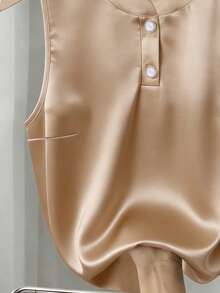 Lyxana Women's Summer Knit Round Neck Shiny Cady Sleeveless Champagne Commuter Metal Button Elegant Casual Versatile Tank Top - Champagne - View 7