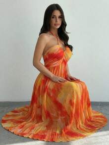 Firerie 女士扎染印花褶皱A字露背飘逸长裙，褶皱印花连衣裙，花卉度假A字连衣裙，V领系腰露背连衣裙，花卉连衣裙，性感露背系带沙滩裙，春夏服装，沙滩装，性感，度假，海滩，夏威夷，波西米亚风，度假，波西米亚风连衣裙 - 彩色 - 查看 5