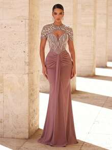 Glamrae Bộ đồ bơi sang trọng và tinh tế màu hồng sen đính hạt cườm, phối lưới, chất liệu dệt kim co giãn, kèm váy đuôi cá xếp ly và áo khoác, thích hợp cho đám cưới, tiệc tùng, kỳ nghỉ, dạ hội (thiết kế bền chắc). - Bụi hồng - Xem 2