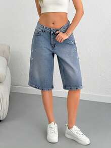 SHEIN Low Waist Embroidery Detailed Denim Bermuda - Light Wash - View 3