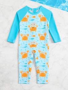 SHEIN 男婴泳衣，连体泳衣，长袖长裤，拉链设计方便穿脱，针织面料，可爱海龟数码印花海边泳衣，男婴海边泳衣 - 彩色 - 查看 6