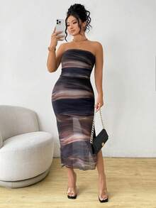 SHEIN PETITE CURVE 大码扎染网纱无肩带开衩修身连衣裙 - 棕色 - 查看 1