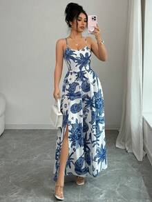 Elenzga Vestido casual sin mangas con abertura y estampado de paisley, adecuado para vacaciones - Multicolor - Ver 5