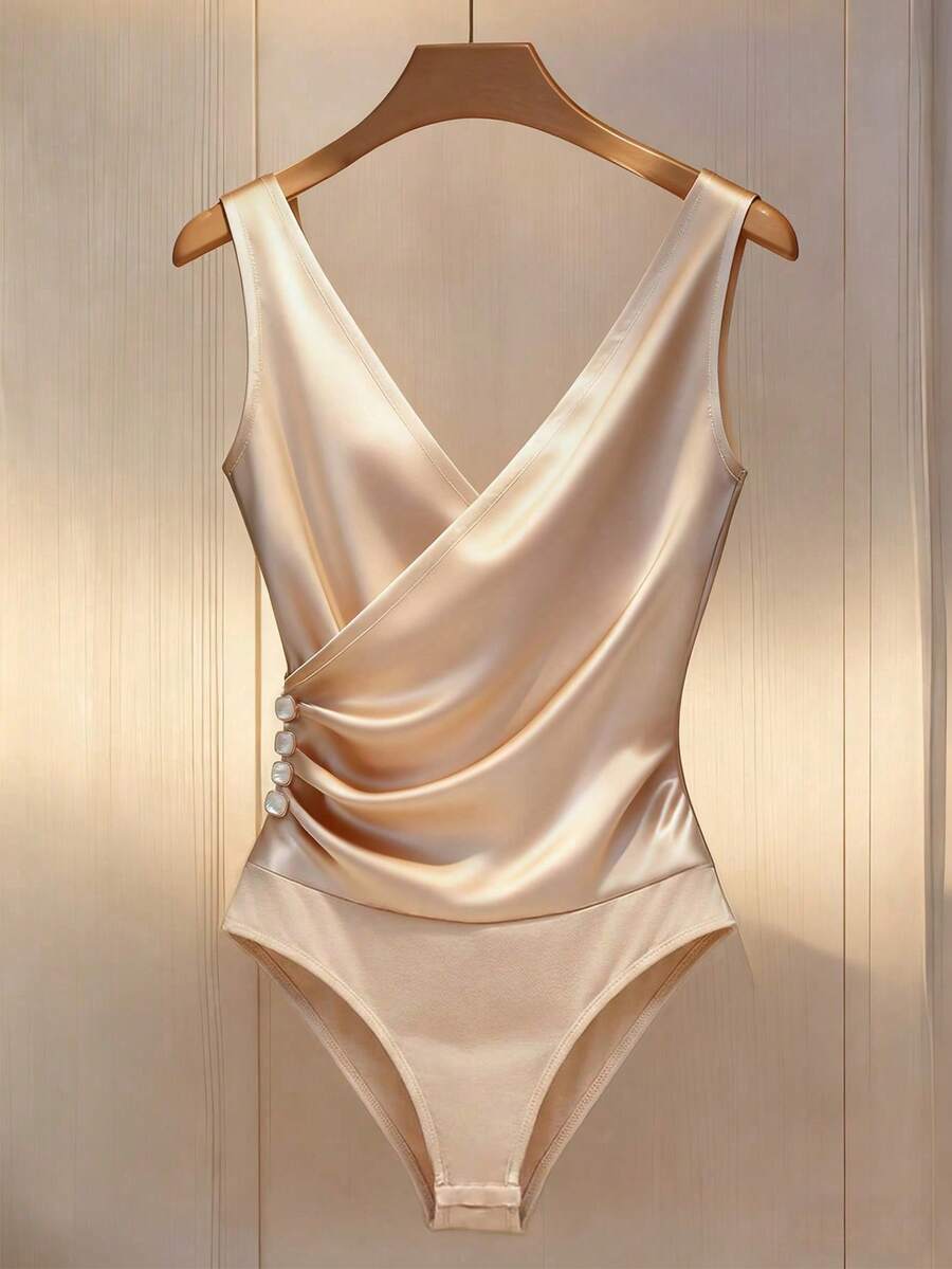 Franclia 时尚新款简约纯色亮面交叉V领褶皱装饰纽扣无袖修身显瘦优雅女士连体衣 - 杏色 - 查看 1