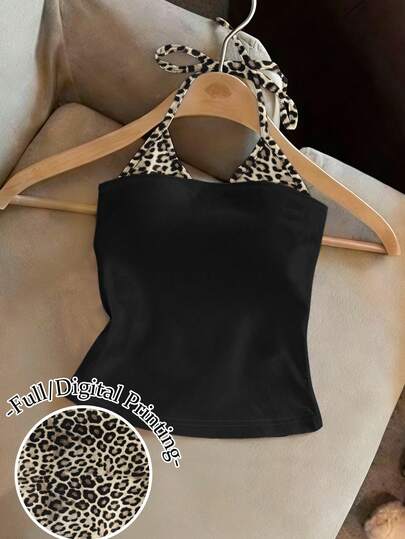 Franclia 女士豹纹休闲露背吊带背心T恤