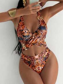 Swim SXY 女士印花加粗肩带前金色装饰后系带连体泳衣 - 彩色 - 查看 1