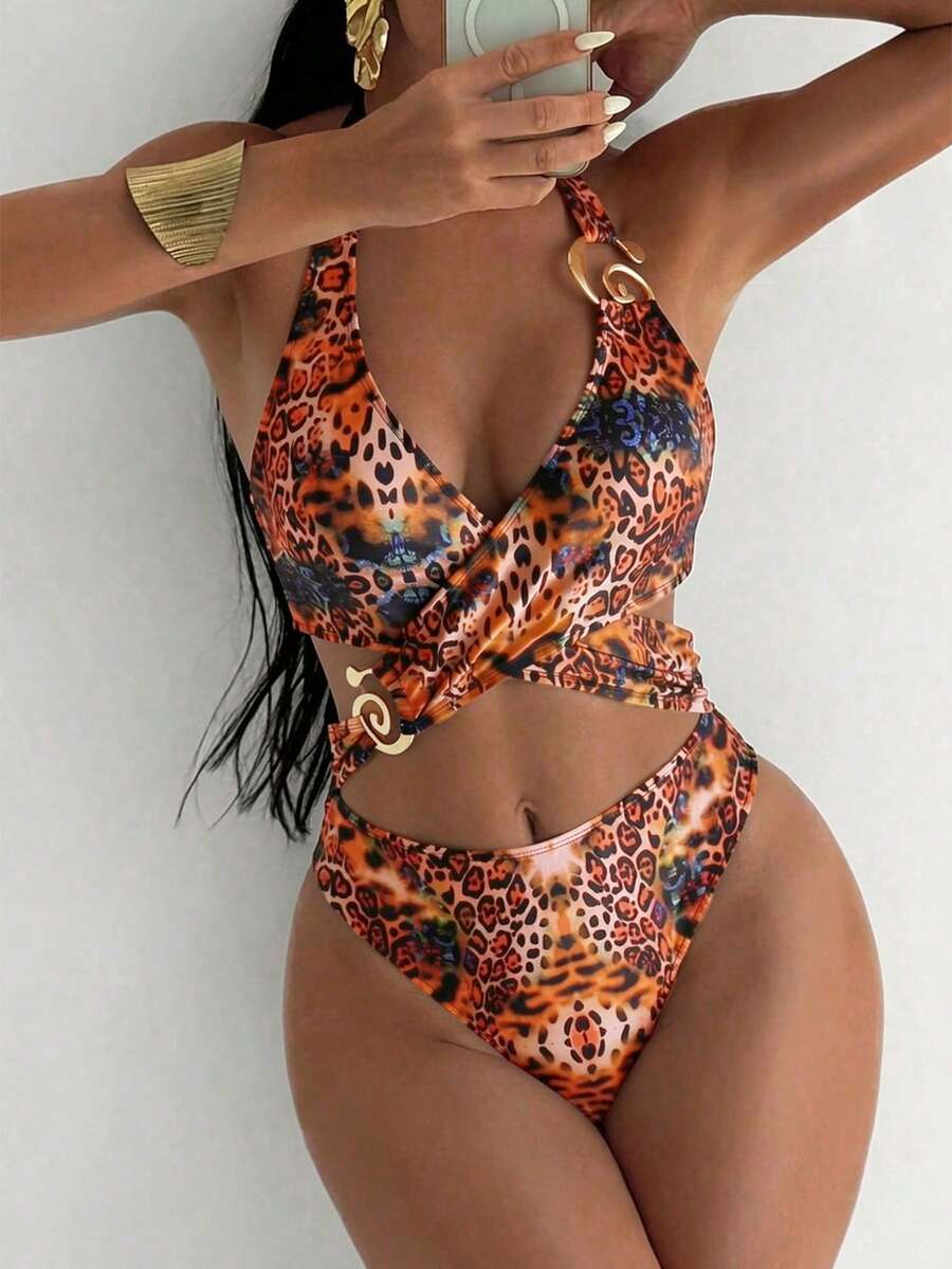 Swim SXY 女士印花加粗肩带前金色装饰后系带连体泳衣 - 彩色 - 查看 1