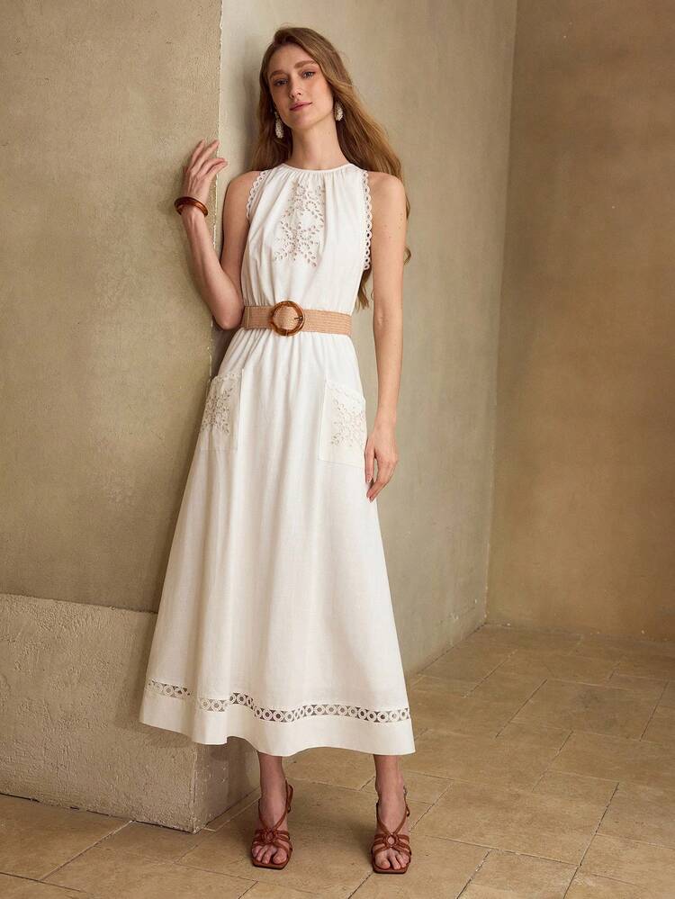 COTTON FASHIONABLE DELICATE HOLLOW EMBROIDERED LACE TRIM SLEEVELESS LONG DRESS FOR WOMEN