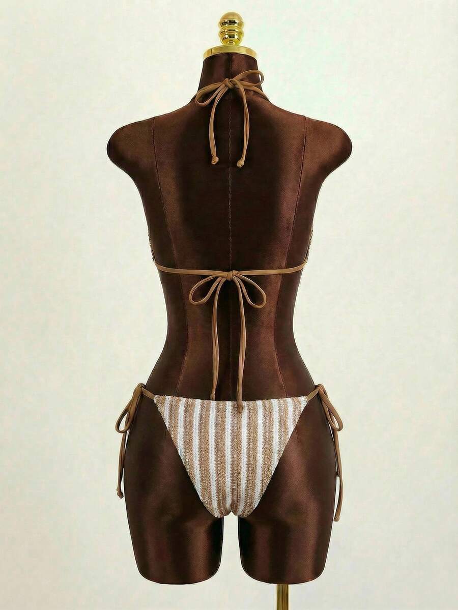 Zestiva Women's Striped Ruched Halter Tie Tankini Top & Triangle Bottoms Swimwear Set,White,Summer,Boho,Pool Party,Holiday Brown 3 Pieces Bathing Suit,Western - Khaki - View 1