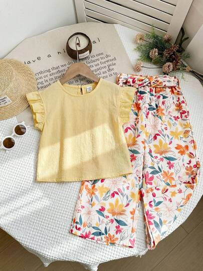 LMoss Kids 2pcs Baby Girl Woven Solid Color Ruffle Collar Top And Loose Ditsy Floral Pants Set