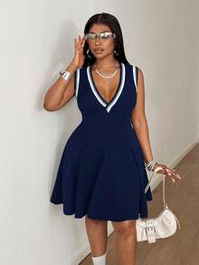 Maweii Plus Size Women Striped V-Neck Casual Sleeveless Dress - Navy Blue - View 7
