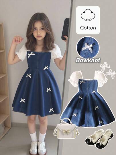 青少年女孩夏季休闲时尚连衣裙，白色纹理蝴蝶结装饰，泡泡袖，牛仔布拼布，适合夏季返校，甜美可爱的淑女风日常、度假、旅行、秋冬拍照