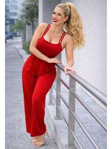 Enterizo Largo de Pata Ancha en Tela Brush Suave - Enterizo Casual de Tirantes con Ajuste en Cintura - Rojo - Ver 4