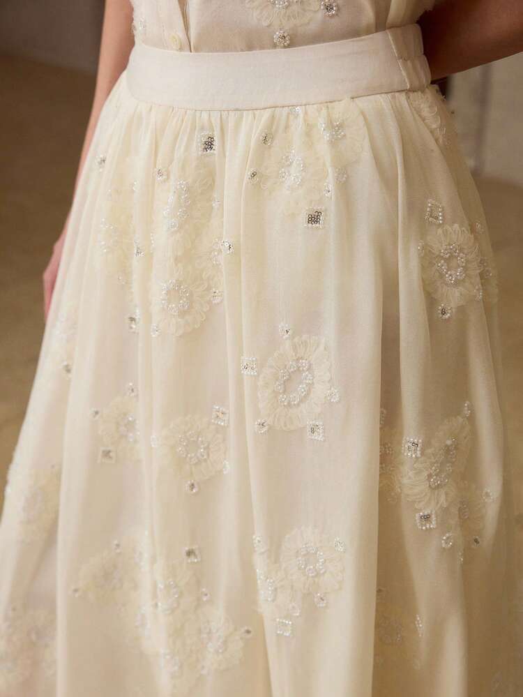 NUEVA FALDA DE LÍNEA A DE TELA CON BORDADO DE CUENTAS Y PATCHWORK PARA PRIMAVERA/VERANO, FALDA CLÁSICA Y VERSÁTIL PARA MUJER